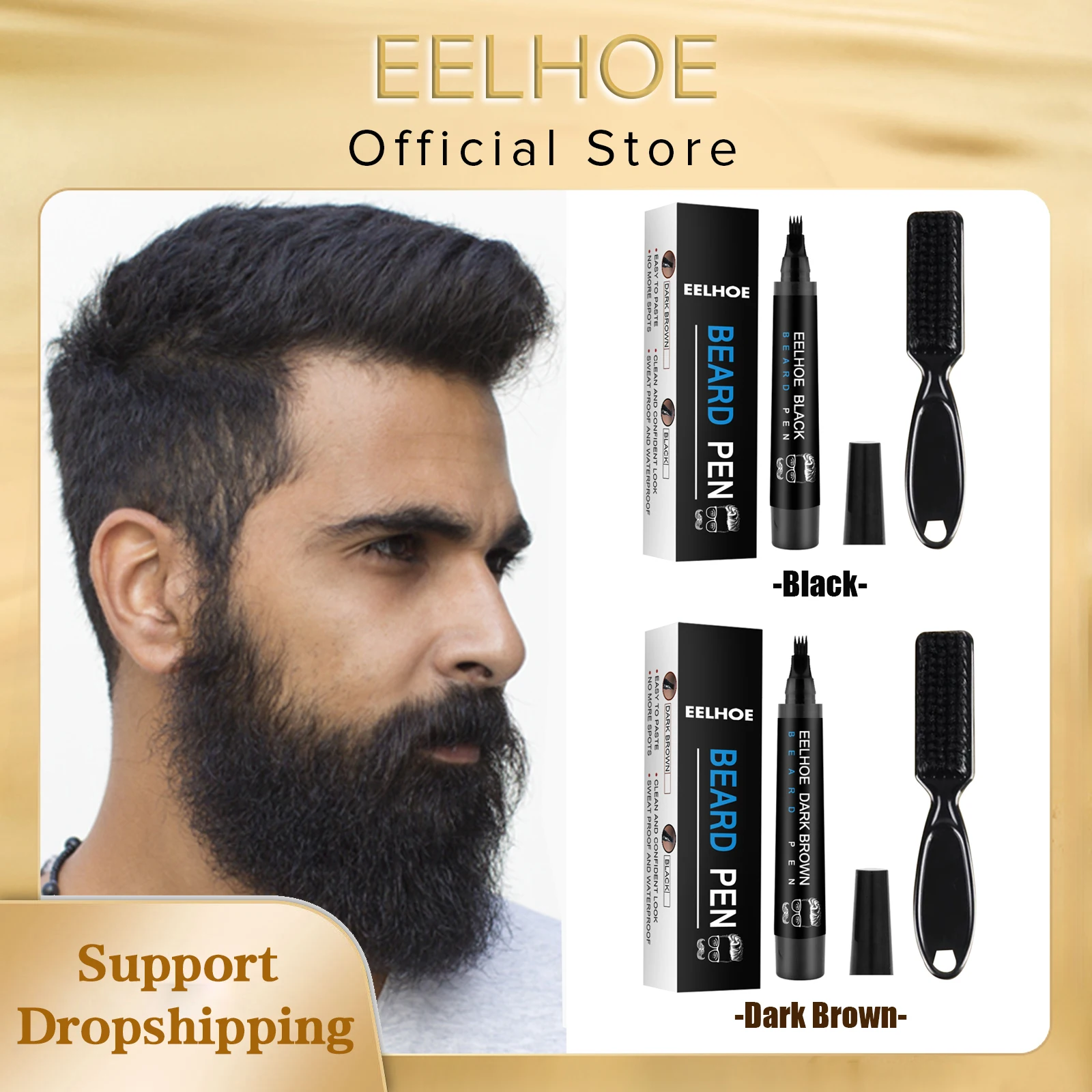 EELHOE Beard Filling Pen Kit Facial Beard Shaping Enhancer with Brush Waterproof Black Brown Coloring Pencil Man Cosmetic Tools