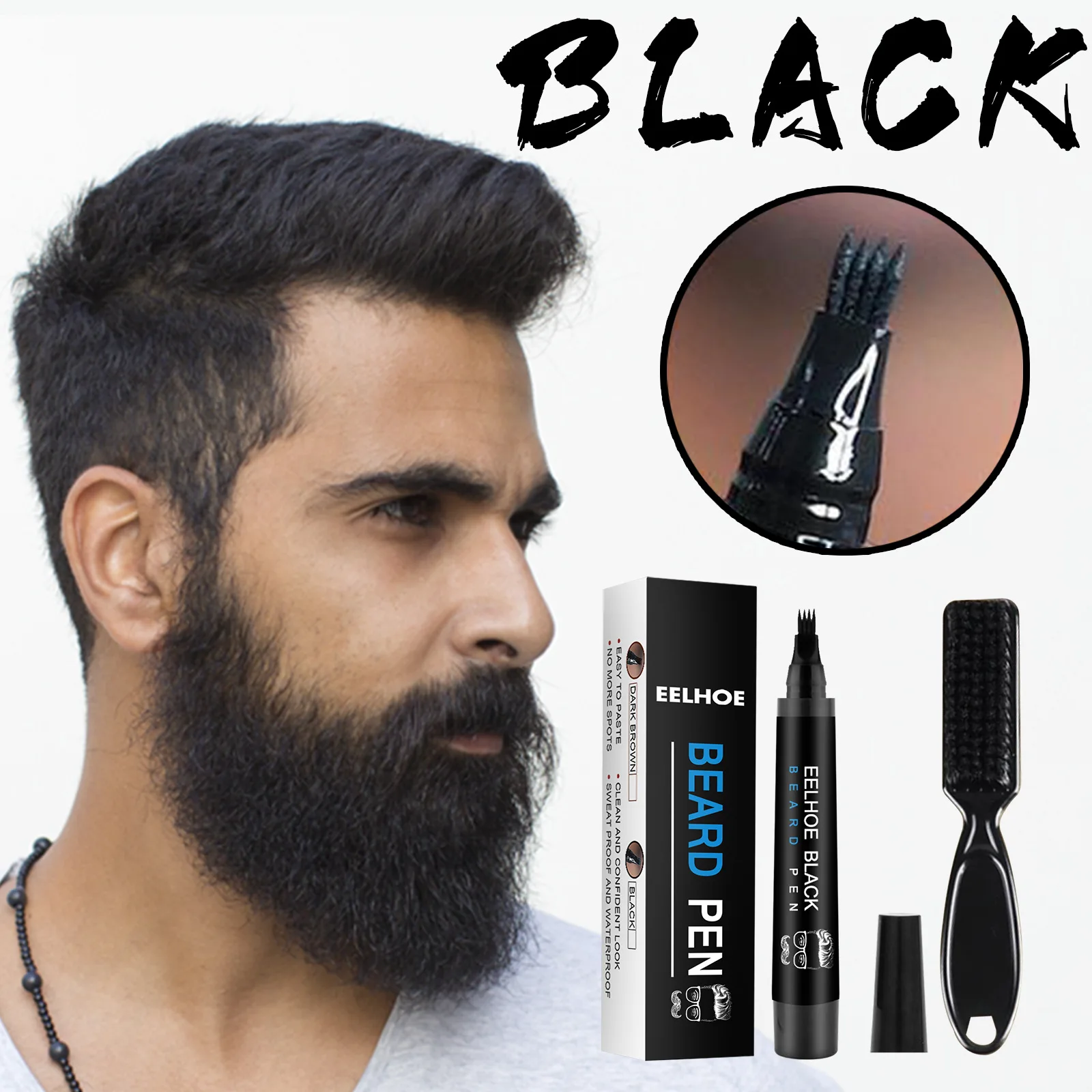EELHOE Beard Filling Pen Kit Facial Beard Shaping Enhancer with Brush Waterproof Black Brown Coloring Pencil Man Cosmetic Tools - Image 5