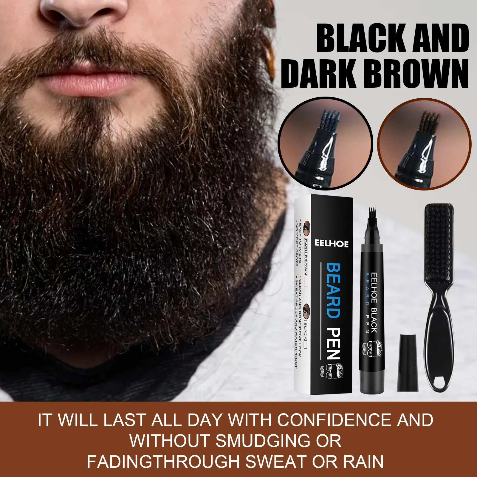 EELHOE Beard Filling Pen Kit Facial Beard Shaping Enhancer with Brush Waterproof Black Brown Coloring Pencil Man Cosmetic Tools - Image 3
