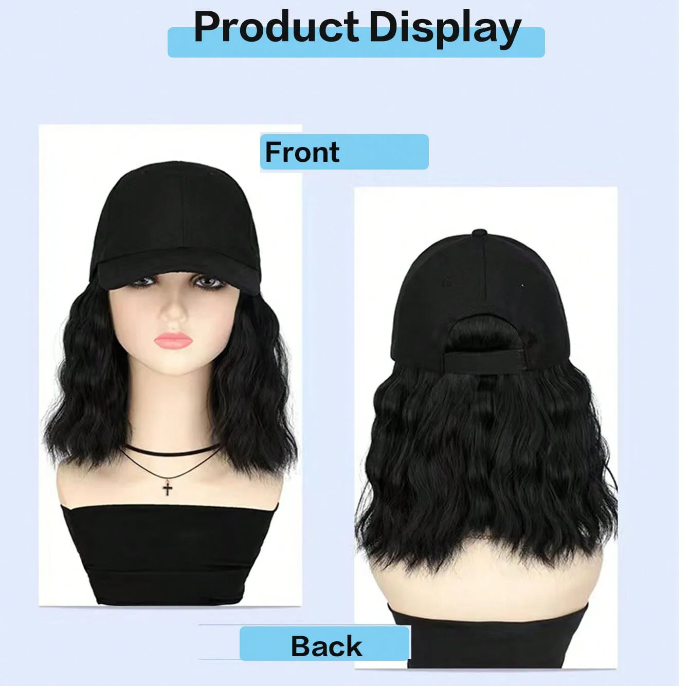 Hat Wig for Women, Short Wave Baseball Cap Wig with Curly Synthetic Hair Extensions, Adjustable Brown Black Baseball Hat Wig - Image 2