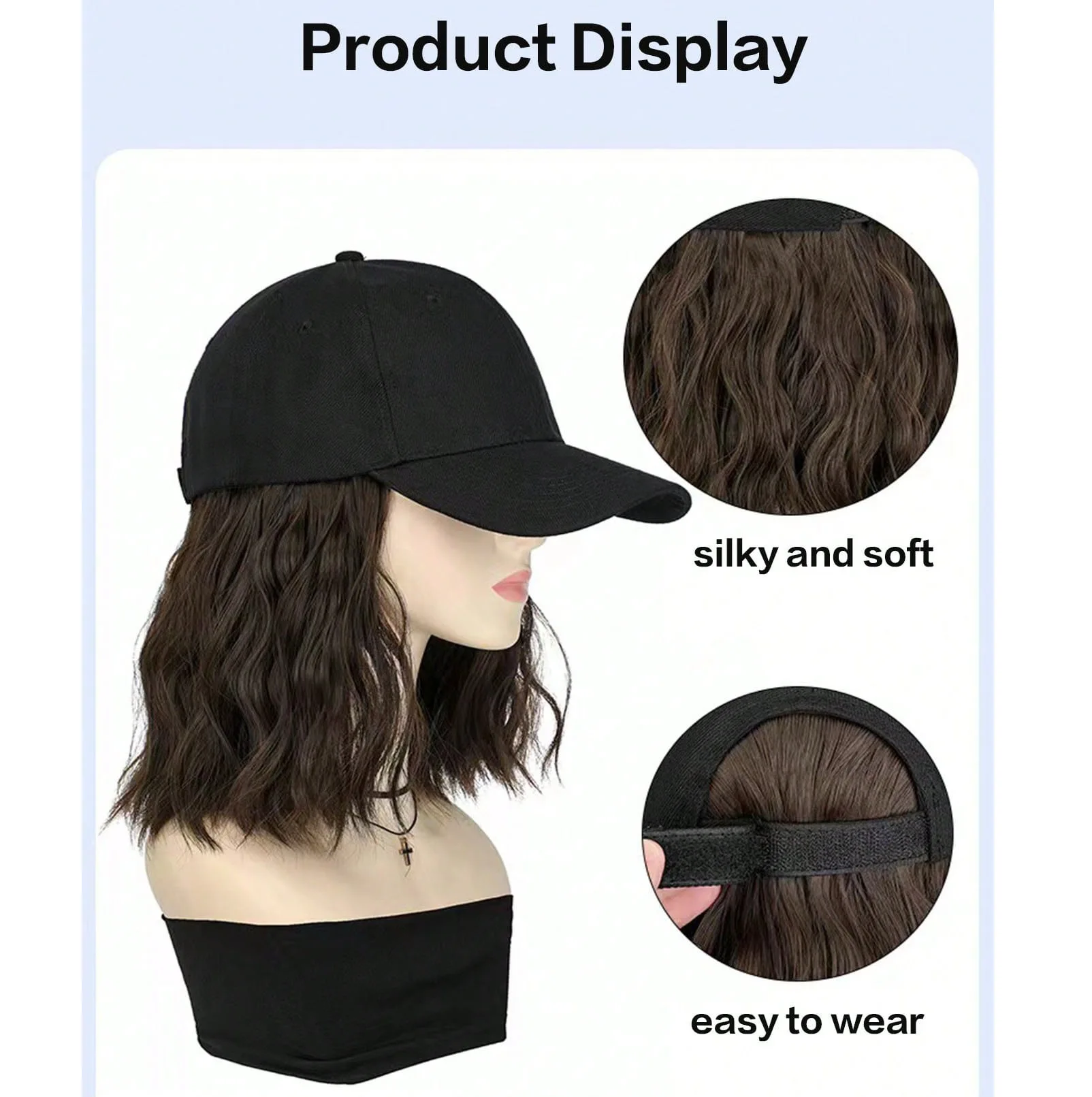 Hat Wig for Women, Short Wave Baseball Cap Wig with Curly Synthetic Hair Extensions, Adjustable Brown Black Baseball Hat Wig - Image 3