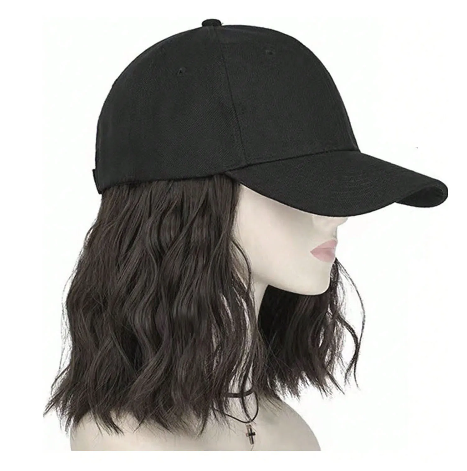 Hat Wig for Women, Short Wave Baseball Cap Wig with Curly Synthetic Hair Extensions, Adjustable Brown Black Baseball Hat Wig - Image 5